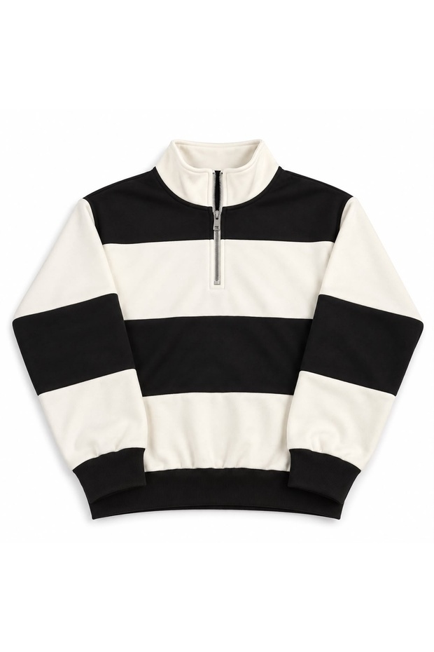 Unisex Black-White Segmented 3-Thread Stand Collar Sweatshirt Printed Premium Oversize T-Shirt