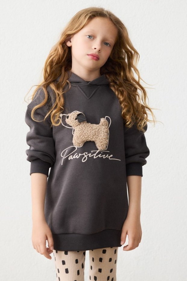 Girl's 3-9 Years Old Fleece Hooded Long Sweatshirt Anthracite