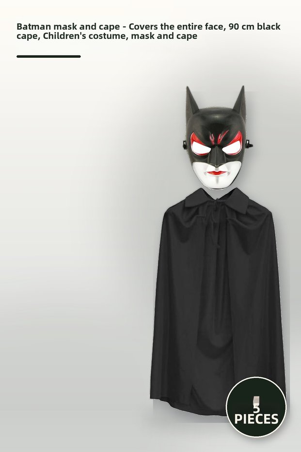 5 Pieces Batman Mask and Cloak – Completely Covers the Face, 90 cm Black Cloak, Children's Costume, Mask Mask Cape
