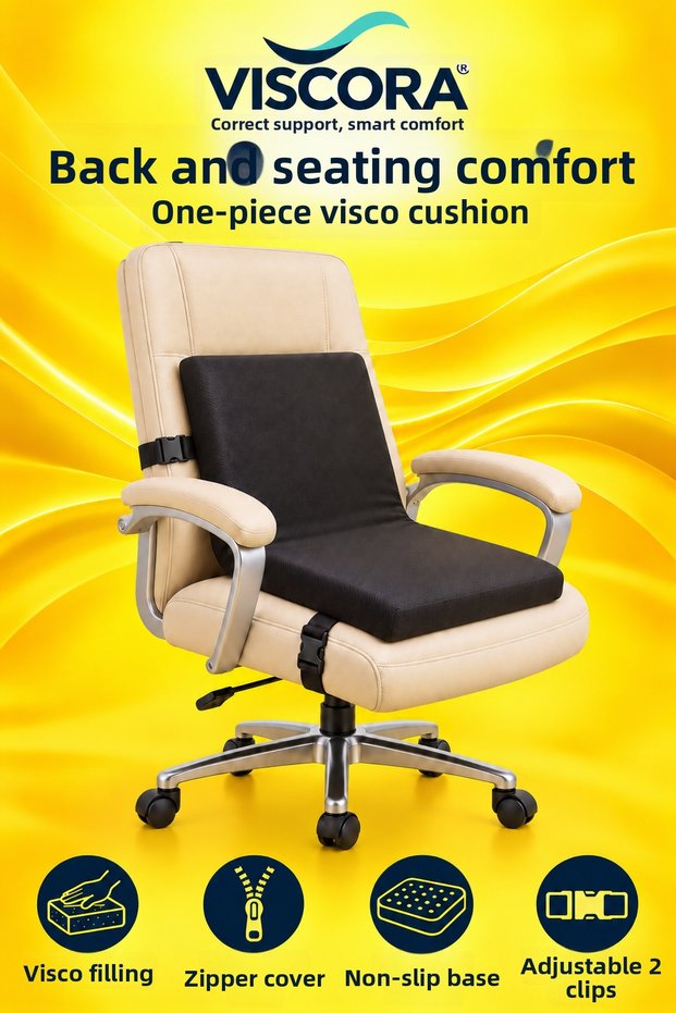 Visco Back Support and Sitting Cushion – One Piece for Home, Office, and Vehicle, with Non-Slip Base and Clips