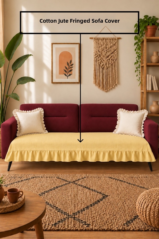 Ymn | Cotton Linen Bohemian Ruffle Sofa Cover | Washable, Non-Slip, Modern Sofa Bed Cover, Sofa Cover Stylish Design Yellow