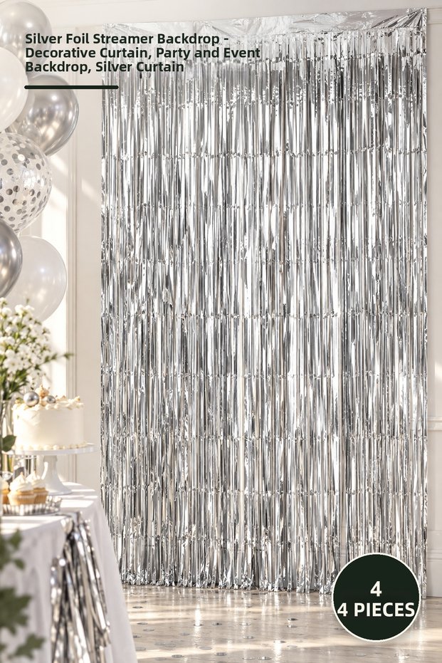 4 Pieces of Silver Metallic Fringed Backdrop Curtains – Metallic Decorative Curtain, Party and Event Backdrop, Silver Curtain