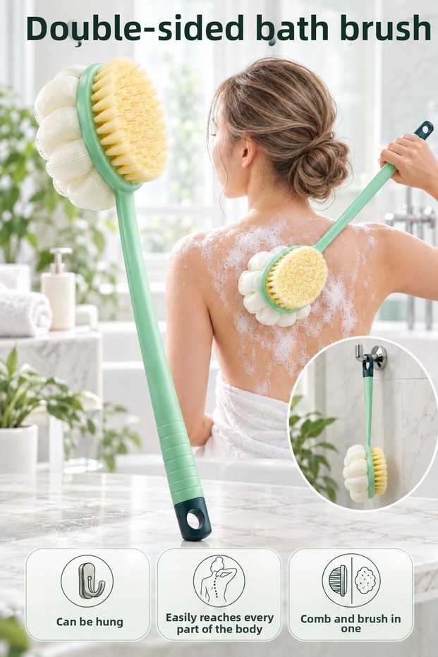 2-in-1 Bristle and Fiber Headed Hangable Long Handle Bath Exfoliating & Massage Shower Back Brush Green