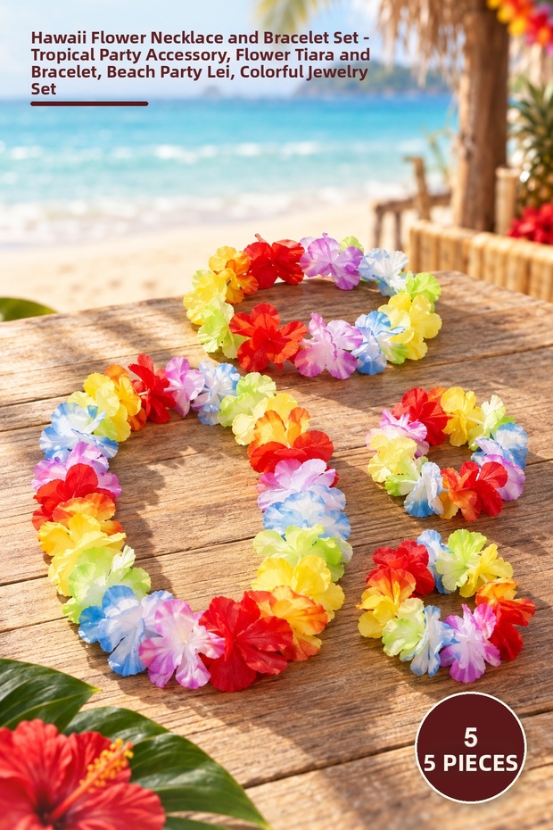 5 Pcs Hawaiian Floral Necklace Bracelet Set – Tropical Party Accessory, Flower Crown and Bracelet, Beach Party Lei, Colorful Jewelry Set