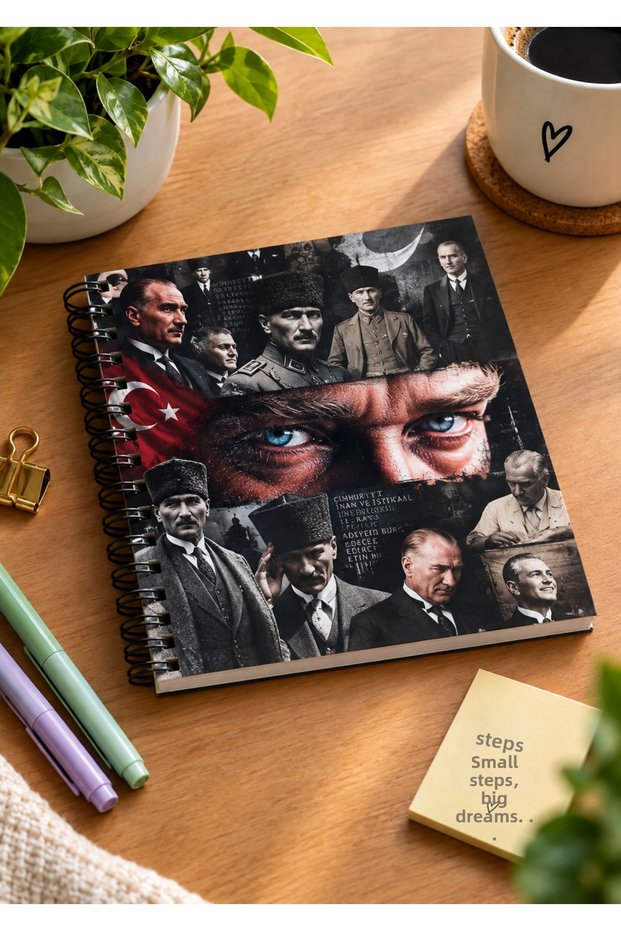 Ataturk Themed 15X15 Square Flexible Cardboard Cover Metal Spiral Bound Notebook Ataturk Themed Notebook
