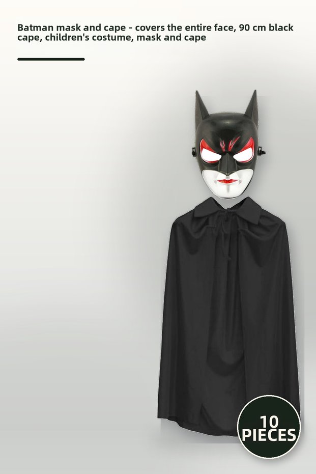 10 Pieces Batman Mask and Cloak – Completely Covers the Face, 90 cm Black Cloak, Children's Costume, Mask Mask Cape
