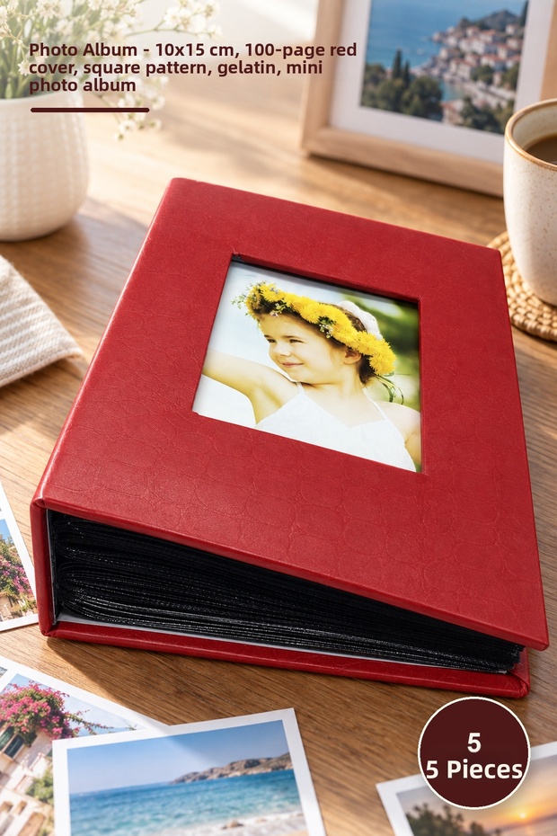 5 pieces photo album - 10x15 cm 100-piece red cover, square patterned, gelatinized, mini photo album