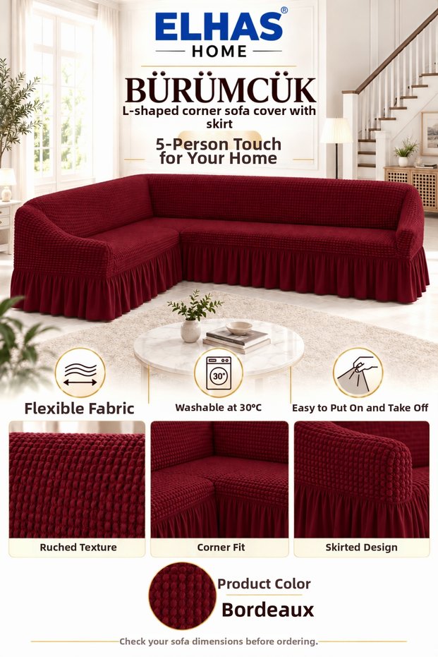 Bürümcük Fabric 5-Seater L Corner Sofa Cover with Skirt