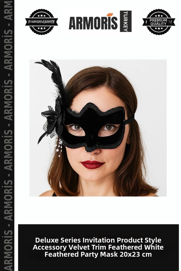 Delux Series Invitation Product Style Accessory Suede Covered Party Mask with Side Feathers and White Pearls 20X23 cm