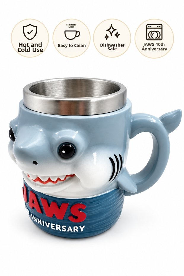 3D Design Mug with Jaws Shark Figure and Stainless Steel Inner Chamber, Decorative Coffee and Tea Cup