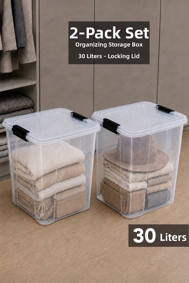 2-Piece 30Lt Lockable Lid Storage Box - Elora Multi-Purpose Organizer Deep Organizer Box Transparent