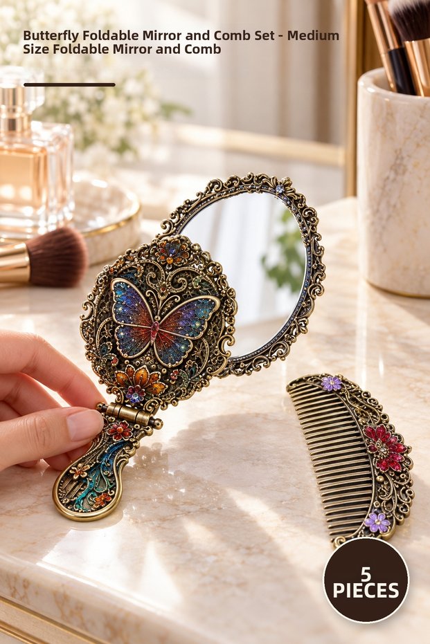 5-Piece Butterfly Foldable Mirror and Comb Set – Medium Size Foldable Mirror and Comb, Foldable Mirror Comb Set