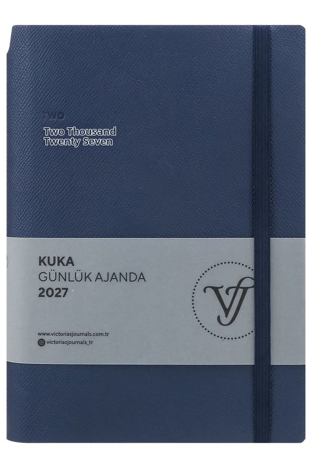 Kuka 2027 Daily Agenda A5. Flexible Cover. Elastic Band, Pockets, Pen Compartment. Colorful Edge-Navy Blue
