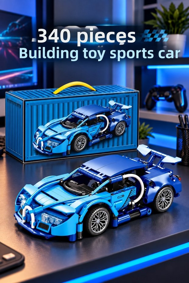 340 Pieces Blue Sports Car Building Toy – Block Building Set Model Vehicle