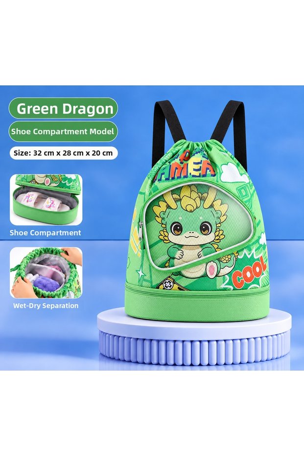 Kawaiii Green Dragon Pattern Girls Boys Teen Kids Sports Swimming Bag Wet Dry Compartment Slipper Compartment Large Capacity Beach Pool Backpack