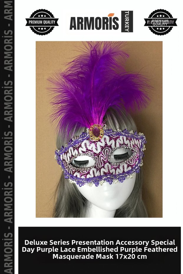 Delux Series Presentation Accessory Special Day Purple Lace Embroidered Purple Feathered Prom Party Mask 17X20 cm