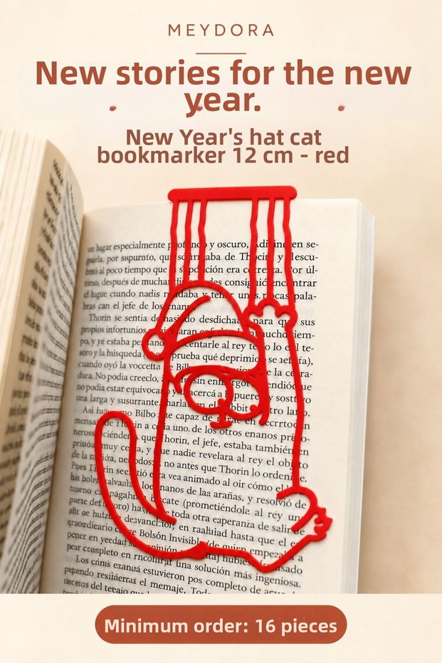 Meydora Cat with Christmas Hat Bookmark 12 cm – New Year Gift for Book Lovers – 16 Pieces