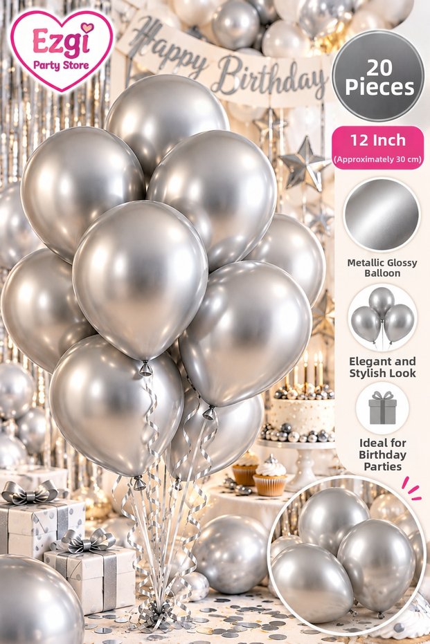 Set of 20 Metallic Shiny Silver Balloons 12 Inch Birthday Balloon Party Supplies Birthday Ornament Party Concept Celebration Ornaments