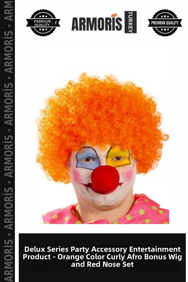 Delux Series Party Supplies Entertainment Product Orange Color Curly Afro Bonus Wig and Red Nose Set