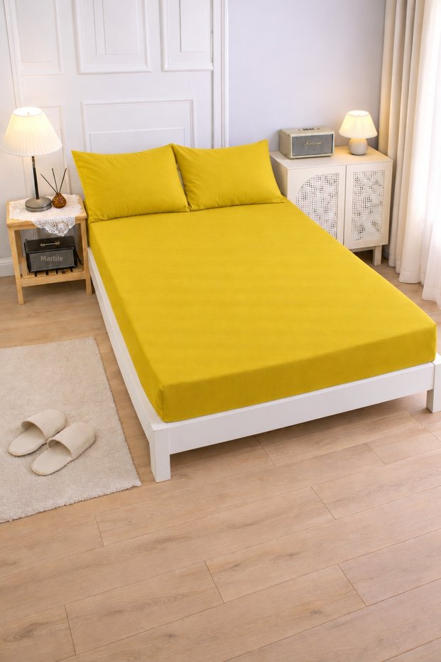 Mustard Colored Cotton Ranforce Fabric Single/Double Fitted Elastic Sheet Set
