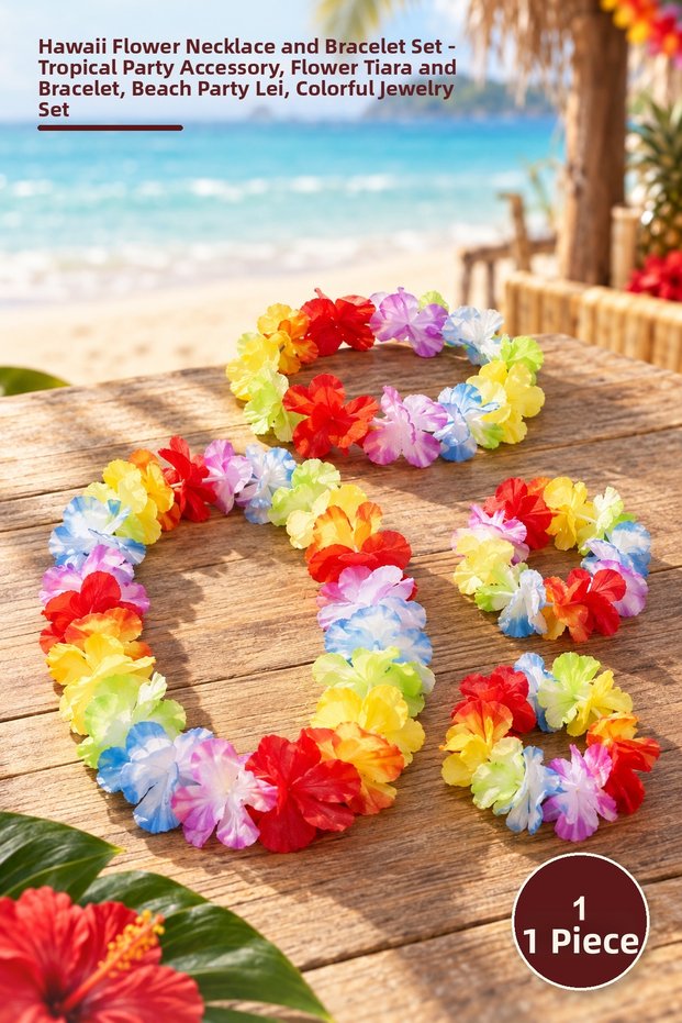 1Pc Hawaiian Floral Necklace Bracelet Set – Tropical Party Accessory, Flower Crown and Bracelet, Beach Party Lei, Colorful Jewelry Set