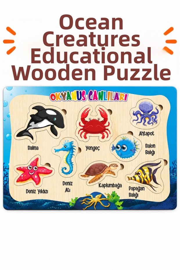 Wooden Educational Sea Animals Puzzle – Learning about Marine Life Colorful Educational Puzzle Toy