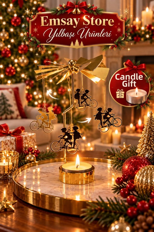 Rotating New Year's Wish Bell - Candlestick - Gold Metal Tealight Candle Holder, Decorative Candle Holder with Movable Bicycle and Double Figures