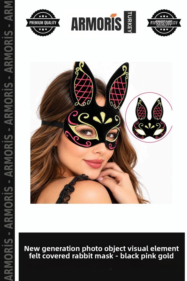 New Generation Photo Object Visual Element Suede Covered Embroidered Rabbit Mask – Black Pink Gold