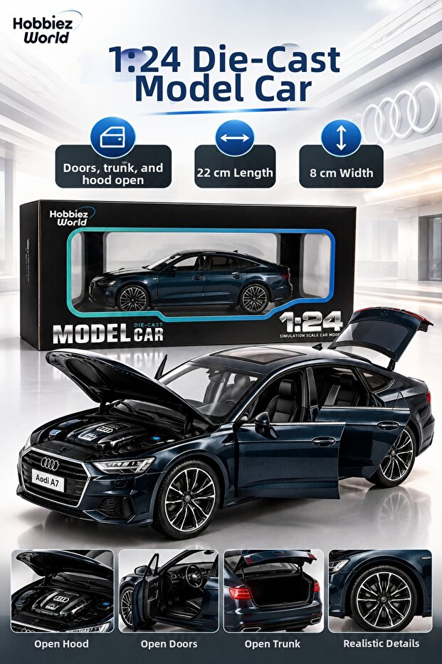 Audi A7 1:24 Metal Toy Model Car Openable Hood Door Trunk 22 cm Navy Blue Diecast