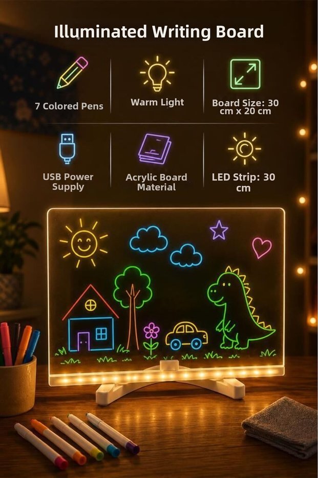 Illuminated Drawing and Painting Board, Neon Lighted Educational Board with 7 Pens as a Gift