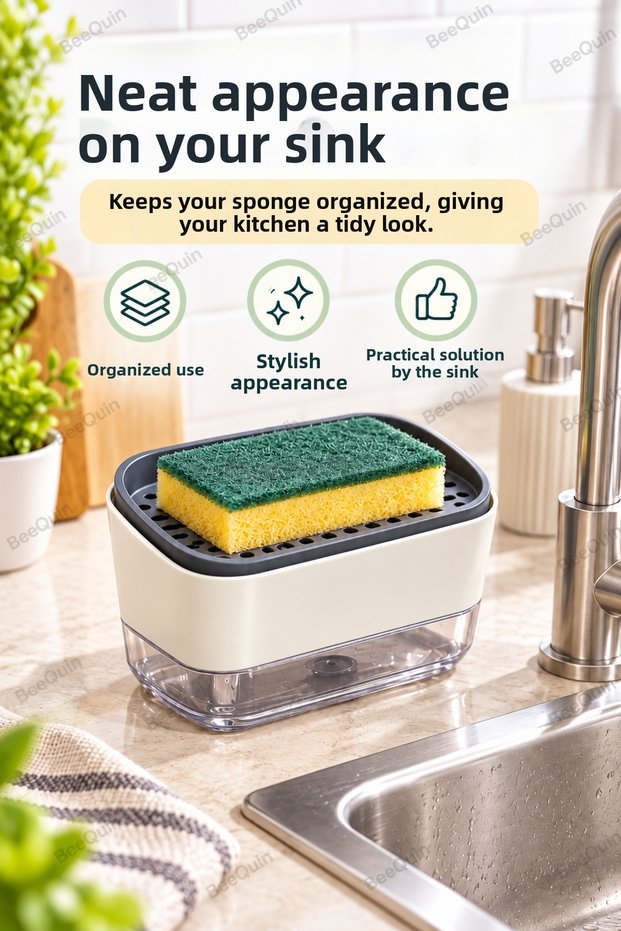 White Sponge Holder with Dish Soap Detergent Container, Push Button, Perforated Dryer Stand, Kitchen Sink Organizer