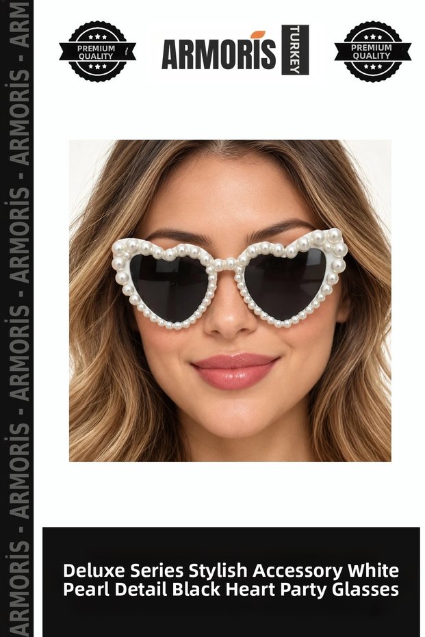 Delux Series Stylish Style Accessory White Pearl Detailed Black Glass Bride Heart Party Glasses