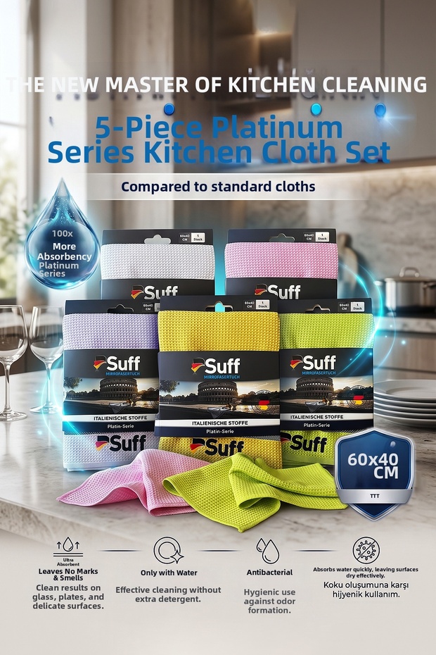 Platinum 5-Piece Microfiber Kitchen Cloth Set 60X40 cm Honeycomb Textured Italian Fabric Non-Marking Cleaning Cloth (5 Colors)