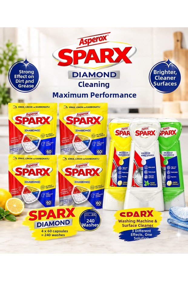 Sparx Diamond Cleaning Set – 4 X 60 Capsules + 3 X 650 ml Liquid Dishwashing Detergent