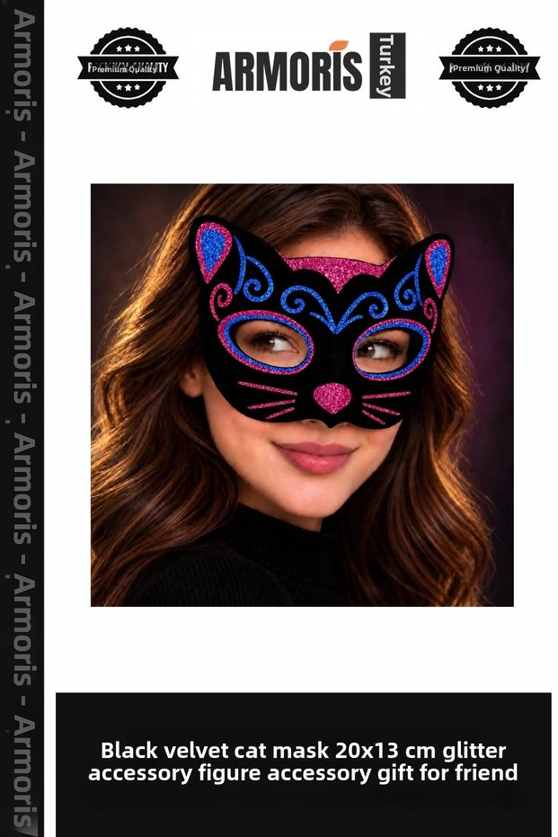 Black Velvet Coated Cat Mask 20X13 cm Show Accessory Figured Accessory Gift for a Friend