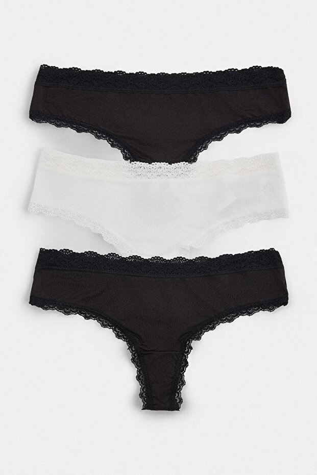 Black-Multicolor 3-Piece Lace Plain Thong Panties Thmaw27Ku00056