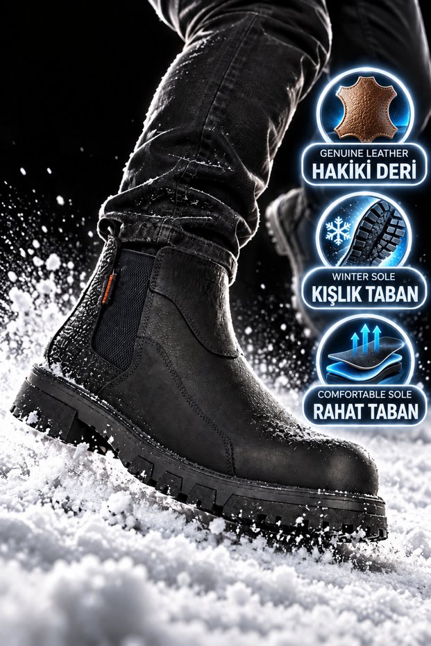 Black Nubuck Genuine Leather Winter Sole Men's Chelsea Boots 260006 m