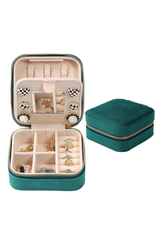 green Velvet Travel Jewelry Box, Mini Travel Jewelry Case, Small Portable Travel Jewelry Organizer B