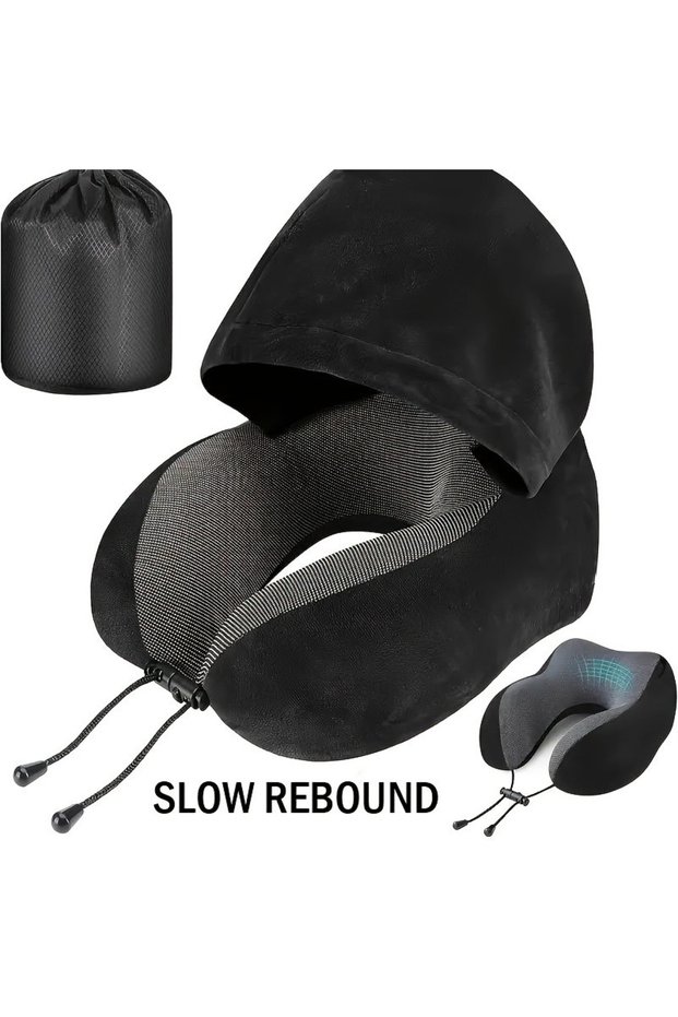 25x23x15cm black Memory Foam Hooded U-Shaped Travel Pillow with Detachable Cover Portable Neck Suppo