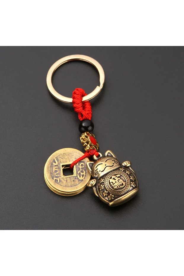 Brass Pure Handmade Brass Antique Chinese Coin Car Keychain Lucky Cat Five Emperors Money Keychain F