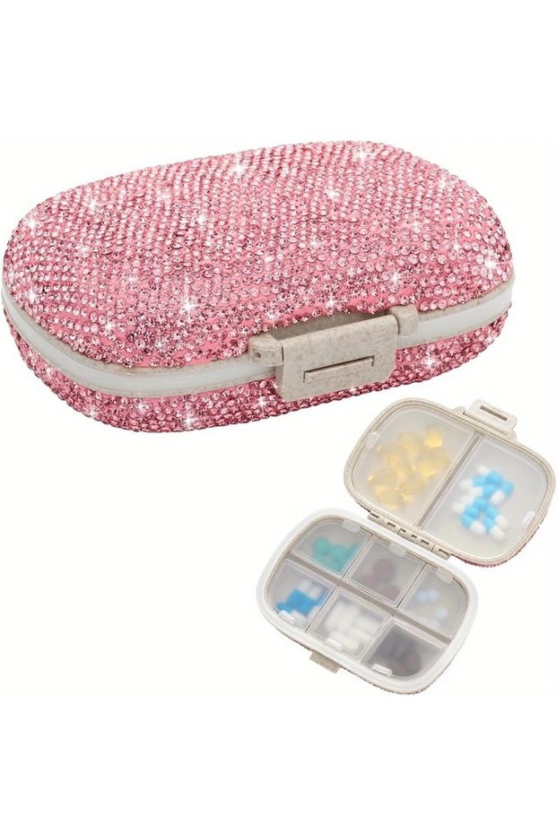 Pink Bling Pill Organizer with 8 Compartments Portable Pill Case Crystal Diamond Small Pill Containe