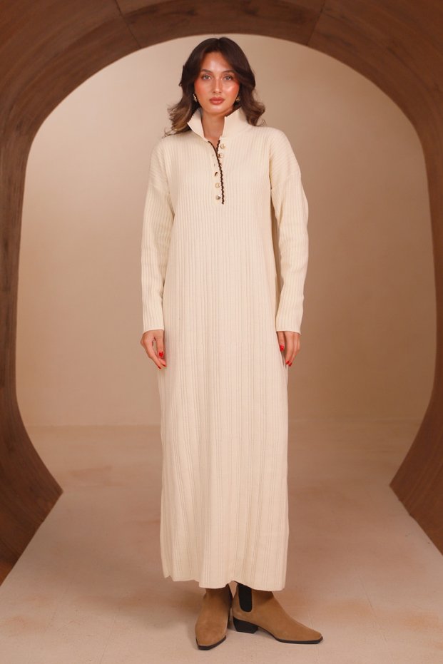 Women's Polo Collar Button Detailed Ribbed Long Knitwear Dress 8515