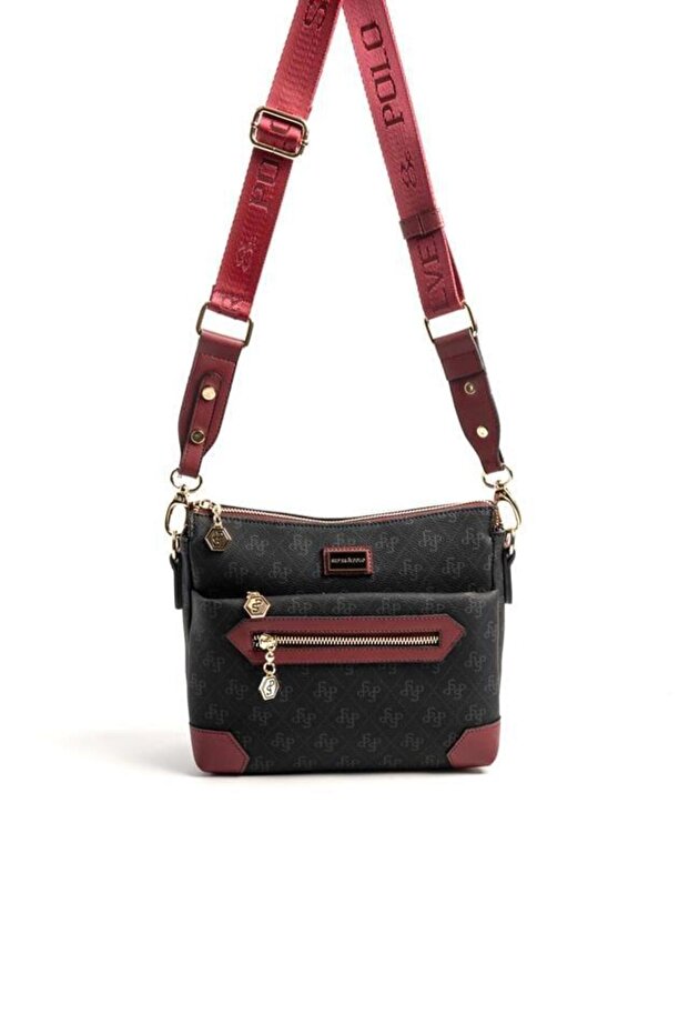 Siyah - Bordo Monogram Kadın Çapraz Çanta SP1110