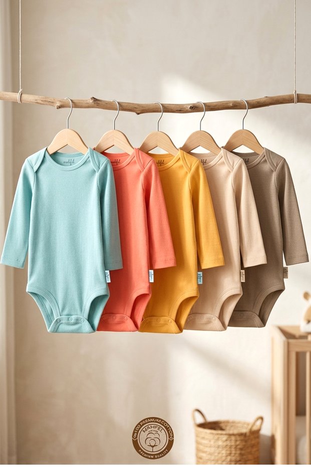 100% Cotton Long Sleeve Baby Bodysuit with Snap Fasteners, Set of 5