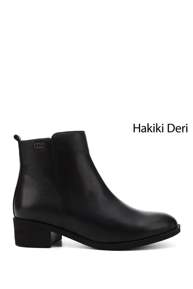 Women's Black Zippered Thick Heeled Genuine Leather Boots