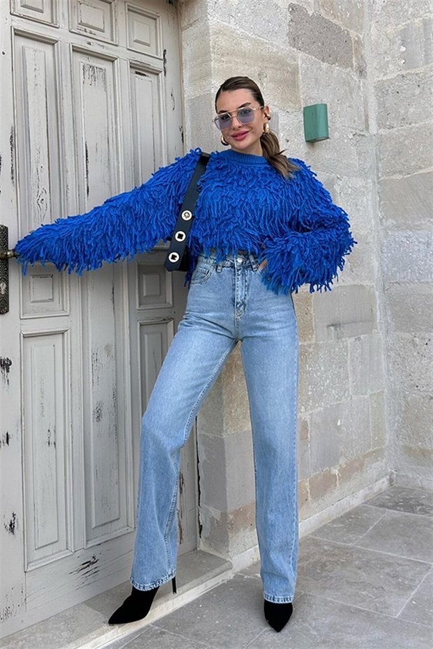Marina Women's Blue Super Lycra Super High Waist Loose Leg Jean Trend Pants