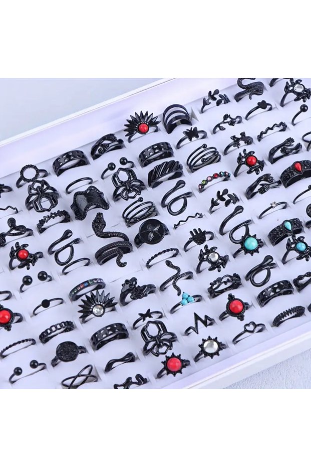 Mix Size 17-21mm Mix Style 20Pieces Punk Gothic Black Rings Set For Women Men Mix Butterfly Spider S