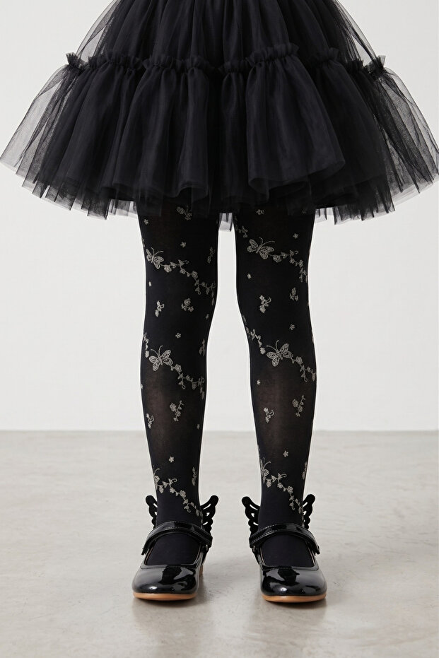Black Butterfly and Floral Patterned Girls' Pantyhose