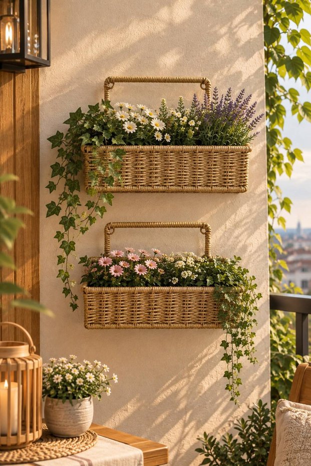 Car 6034 Hanging Rectangular Rattan Basket in 2 Sizes - 2-Piece Rattan Flower Pot