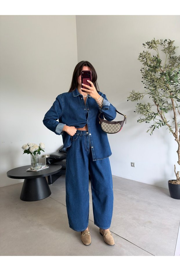 Navy blue balloon jean shirt denim set